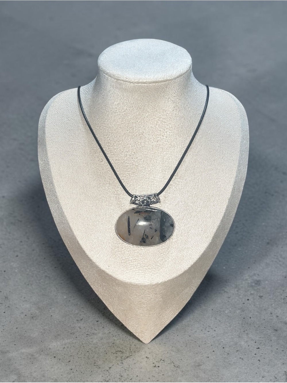 Large Oval Genuine Quartz Pendant Necklace - Black Cord